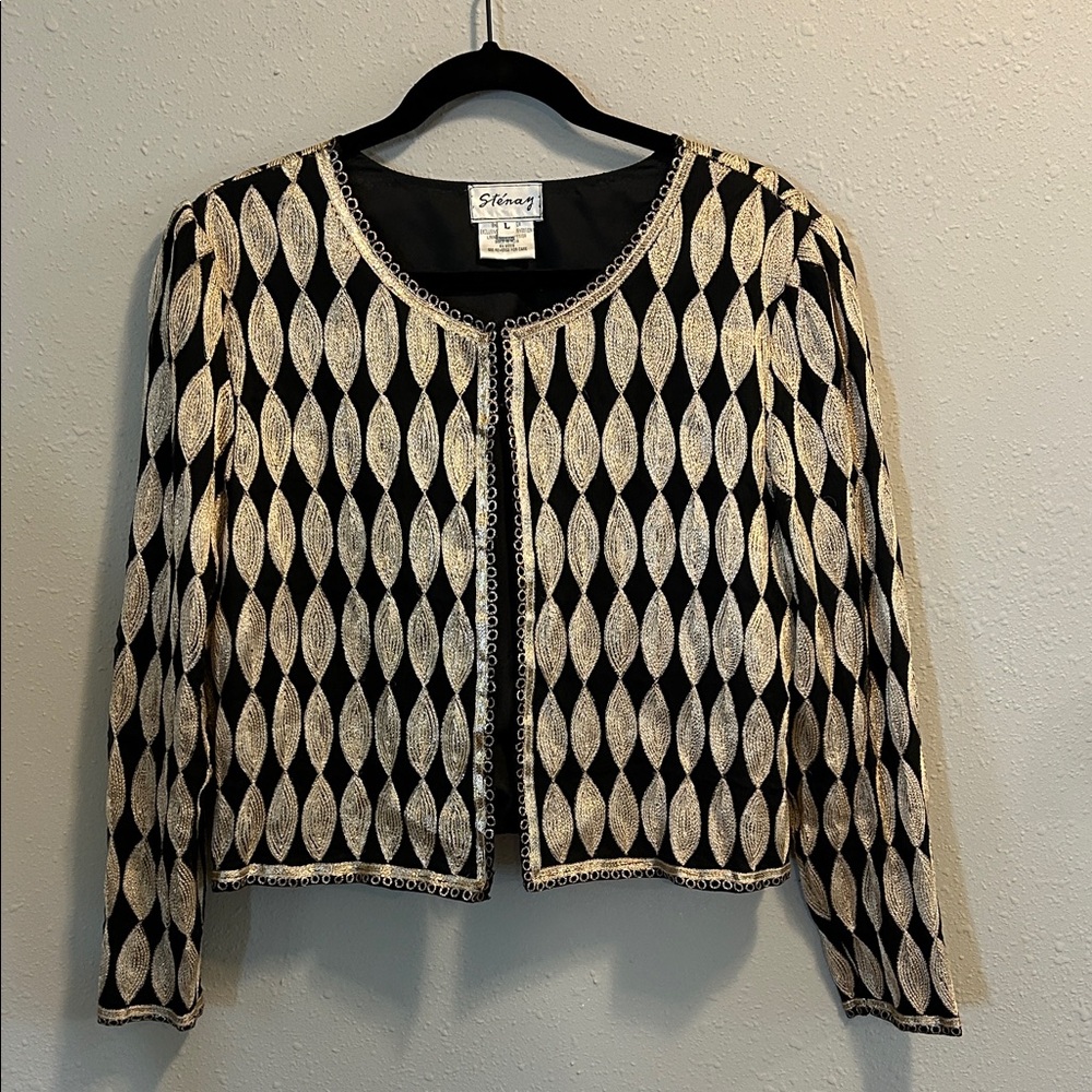 Vintage Stenay Elegant Black‎ and Gold Art Deco Leaf Embroidered Jacket Silk